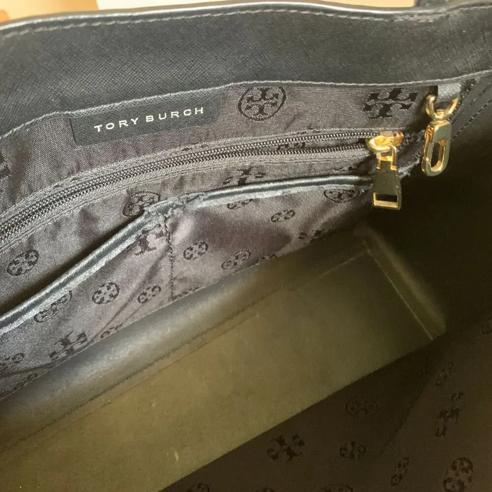 Tory Burch Black Saffiano Leather Tote Bag Triple Compartment Gold Logo Shoulder